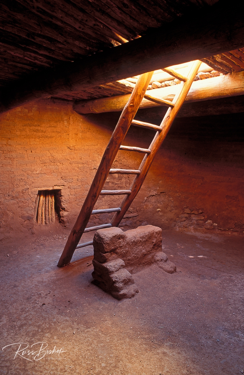 Kiva ladder and fire pit in the mission convento, Pecos Pueblo, Pecos National Historic Park, New Mexico