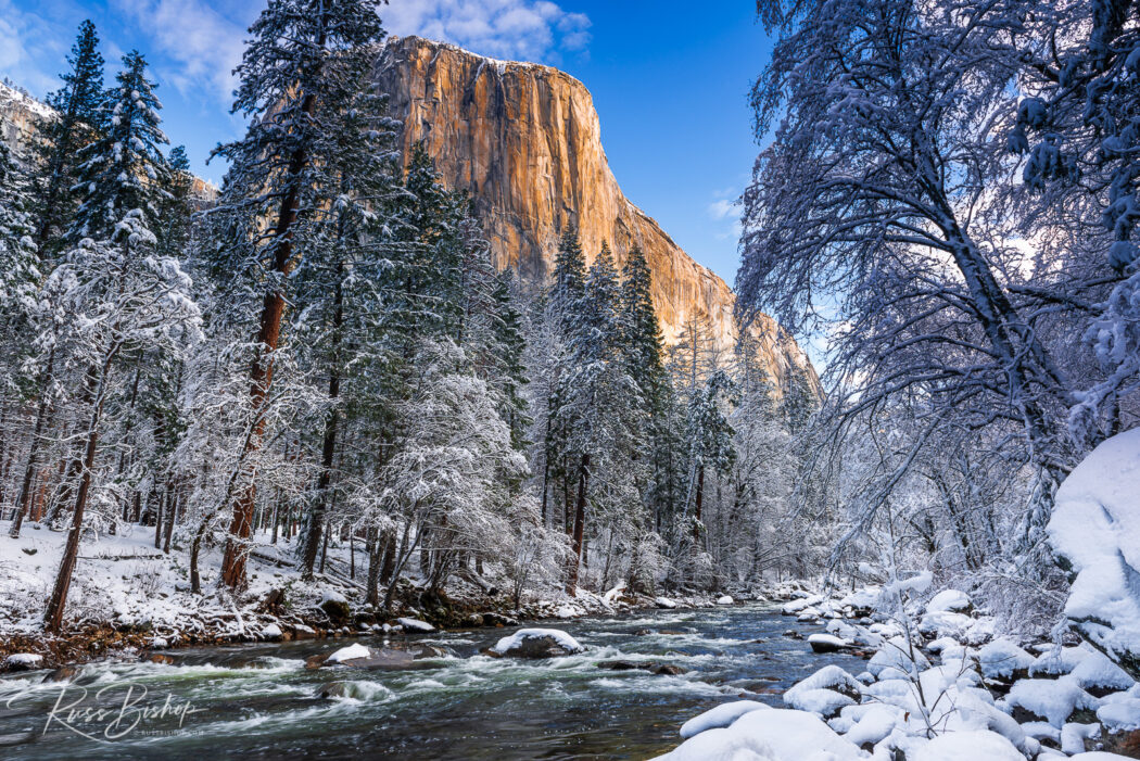 El Capitan above the Merced River in winter, Yosemite National Park, California USA