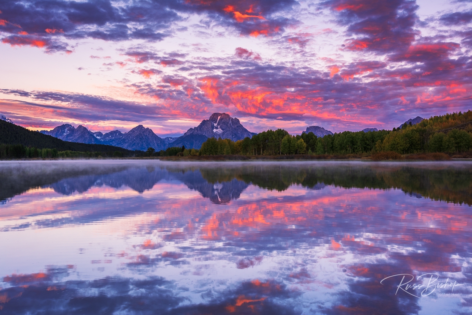 Earth Day and National Park Week. Dawn light over the Tetons from Oxbow Bend, Grand Teton National Park, Wyoming